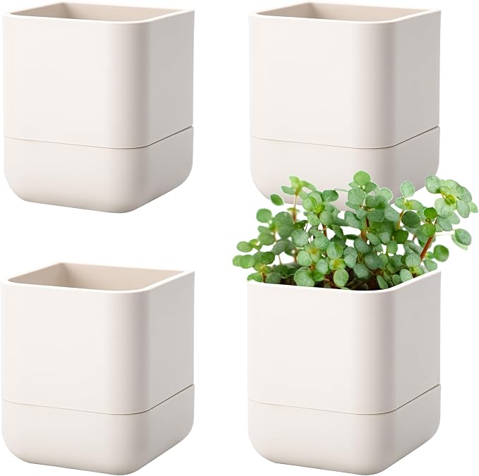 Phoenix Vine 4.5 Inch Wall Mounted Self-Watering Planter Pot for Indoor Houseplants and Herbs | Hanging Planter for Window Sills, Bathroom Walls, Home & Office Décor, Oatmeal, Set of 4, 01-B-G-4