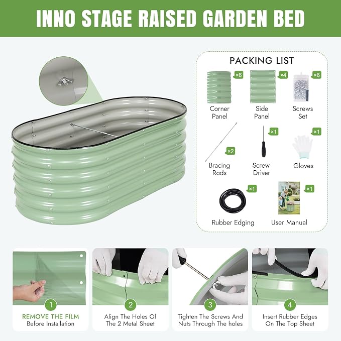 INNO STAGE Galvanized Raised Garden Bed Kits, 4x2x1.4FT Metal Raised Beds Outdoor for Gardening, 17'' Tall Large Steel Raised Planter Bed for Vegetables, Flowers Patio Ground Planter Box (Green, 2Pcs)