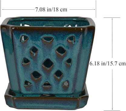 W&W Orchid Pot with Holes and Saucer for Repotting and Better Grow, Teal, 7"