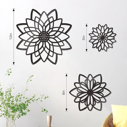 Zzbakress 3 Pcs Metal Flowers Wall Decor Black Wall Decor Metal Flower Art Farmhouse Wall Art Multiple Flowers Hanging Decor for Bathroom Living Room Kitchen Garden Office (Black Concise)