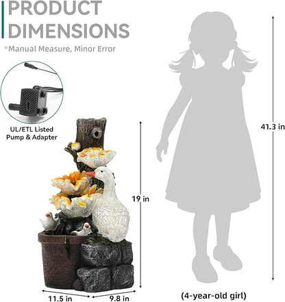 AUTODAYA 19" Sunflower & Duck Water Fountain Indoor Outdoor with LED Lights | 4-Tier Cascading Waterfalls, Rustic Decor for Garden, Yard, Patio, Flowerbed & Farmhouse