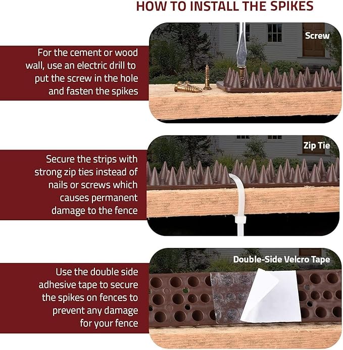 Defender Spikes for Bird, Cat, Pigeon and Small Animals 8pack- Protect Your Sofa, Garden, Outdoor Walls, Plastic Security Fence Spikes- Brown