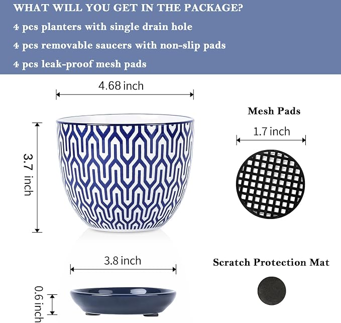 Selamica Ceramic Plant Pots, 4.6 Inch Flower Pots for Indoor Plants, Succulent Pots with Drainage Hole & Saucer, Succulent Planters for Succulent Cactus, Home Decor, Set of 4, Vintage Blue