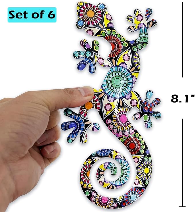 Akulgaci 6 Pack Metal Gecko Wall Art, 8" Colorful Lizard Garden Decorations for Fence Patio Tree Porch, Outdoor Yard Art Wall Hanging Decor, Boho Tropical Mexican Talavera Style