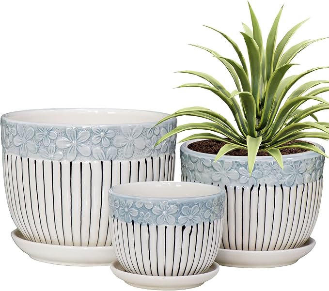 Ton Sin Grey Flower Pots, Texture Planter for Indoor Plants Set of 3 Ceramic Flower Pots with Saucer, Cute Garden Pots Succulent Pots, 6.75/5.6/4.2 Inch, Indoor Outdoor Home Garden Decor