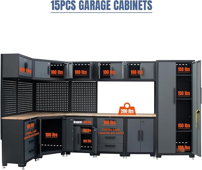 15PCS Corner Garage Storage Cabinet System, Heavy Duty Workshop Set, Corner Cabinet Includes Workbench, Pegboard & Lockable Drawers Metal Tool Organization System for Garage Workshop