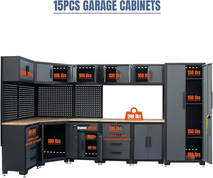 15PCS Corner Garage Storage Cabinet System, Heavy Duty Workshop Set, Corner Cabinet Includes Workbench, Pegboard & Lockable Drawers Metal Tool Organization System for Garage Workshop
