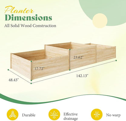 SPECRAFT 2-Tier Raised Garden Bed, 23-Inch Deep Fir Wood Planter Box with Mortise & Tenon Structure, 3-Section Open Base for Vegetable, Flowers & Herb, for Backyard, Garden, Patio, 142 x 49 x 24 in