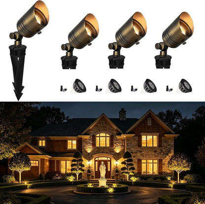 COLOER Brass Outdoor Spotlights,12V LED Low Voltage Landscape Lighting with 5W 2700K Aluminum MR16 Bulb, IP65 Waterproof Landscape Spot Lights for Yard,Garden,Tree, Small Size (4 Pack with Bulb)