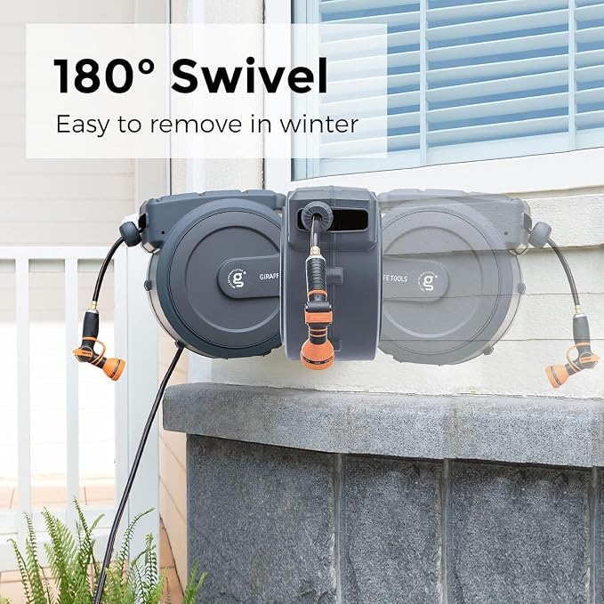 Giraffe Tools Retractable Garden Hose Reel 5/8 inch x 90 ft Hose Reels for Outside, Wall Mounted Water Hose Reel with 180 Deg Swivel Bracket, Any Length Lock, 7 Pattern Hose Nozzle