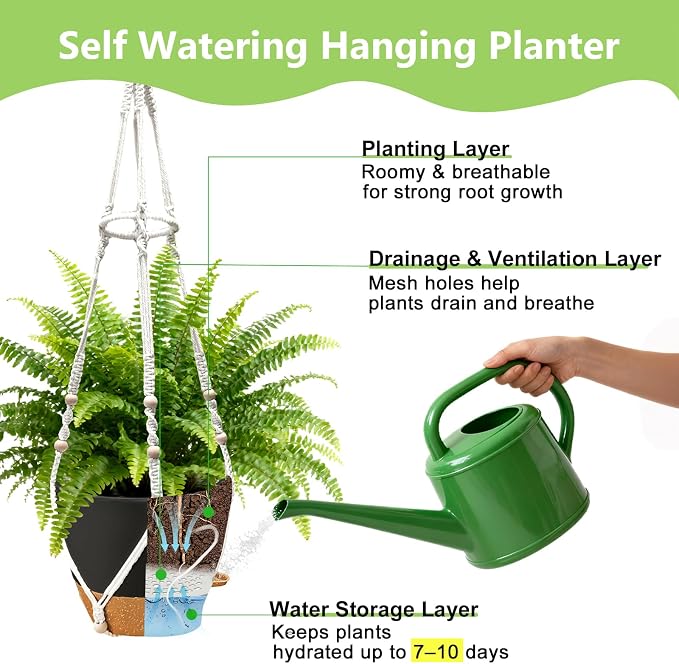 2 Pack Self Watering Hanging Planters with Grow Light for Indoor Plants | 10 Brightness, 3 Light Modes, 3/9/12H Timer, Built-In Reservoir, Drainage Holes, 10 in Pots