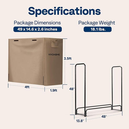 VIVOHOME 4 ft Heavy Duty Firewood Rack Outdoor with Cover, Fire Wood Storage Rack, Log Holder and Cover Combo Set with Zipper, Brown