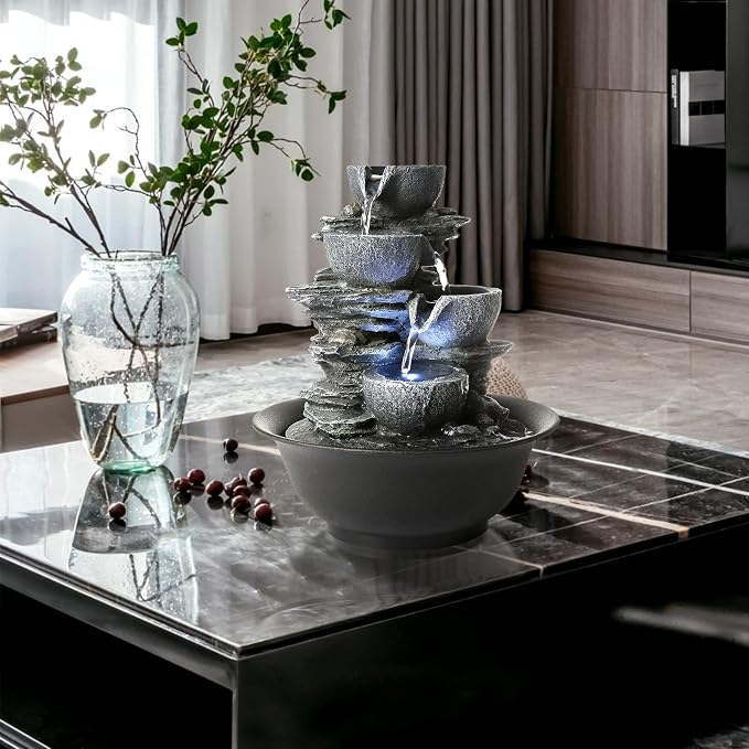 Tabletop Water Fountain Indoor Waterfall Fountains Stacked Rocks Water Feature Feng Shui Zen Meditation Relaxation Desktop Fountain for Home and Office Indoor Spaces Decor (Style 15)