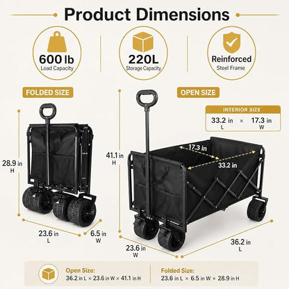 Wagons Carts Foldable Heavy Duty, 600 lb Tank Wheel Wagon with Brakes | Tank wheel utility wagon for groceries, beach, camping, garden and moving; 220L storage, all-terrain wheels and dual brakes