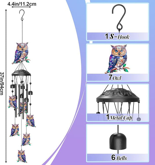 35" Wind Chimes for Outside, Hand-Tuned Aluminum Windchimes with 6 Bells & Owl Decor, Rustproof Metal Chimes for Garden Patio Porch, Sympathy Memorial Gift for Mom Women(Owl)
