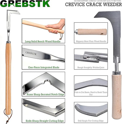 GREBSTK Crack Weeder Crevice Weeding Stainless Steel Sharp Tool, 22 in | Razor-Sharp Rust-Resistant L-Shaped Blade, Solid Beech Wood Non-Slip Handle, for Patio Cracks, Driveway Gaps, Walkway Edging