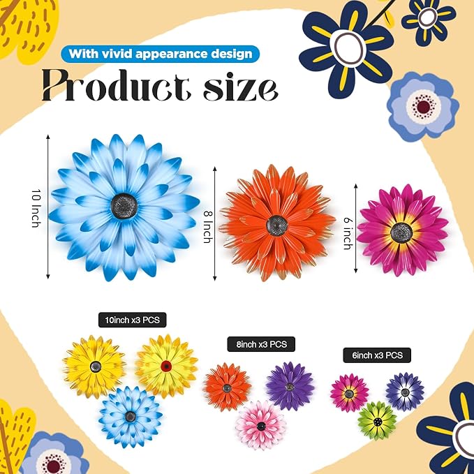 Zhehao 9 Pcs Metal Flower Wall Art Hanging 3D Daisy Decor Metal Flowers Outdoor Decor Multicolored Layered Floral Sunflower Wall Decorations for Home Garden Porch Patio (Stylish Color,6/8/10 Inch)