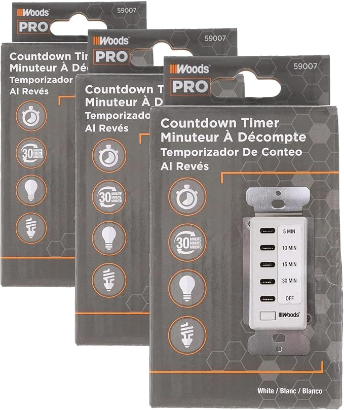 Southwire Woods in-Wall 30-Minute Decora Digital Countdown Timer - Automatic Wall Timer - Energy-Efficient Appliances Timekeeper - Easy-Install Digital Timer - Compact Design (Pack of 3)