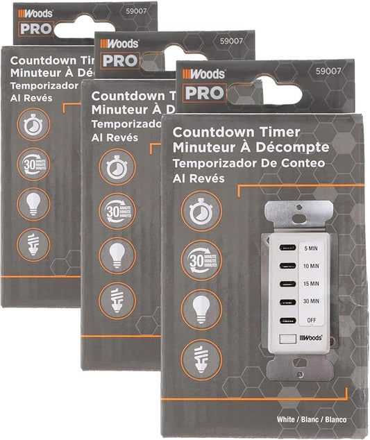 Southwire Woods in-Wall 30-Minute Decora Digital Countdown Timer - Automatic Wall Timer - Energy-Efficient Appliances Timekeeper - Easy-Install Digital Timer - Compact Design (Pack of 3)