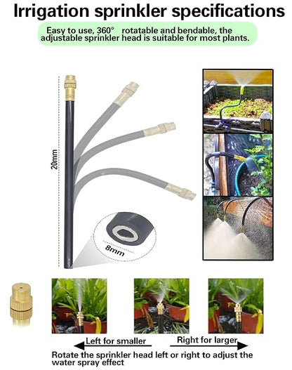 20-Piece Drip Irrigation Kit - 10 Adjustable 360° Misting Sprinklers & 10 Push-to-Connect 12-8mm Tee Fittings, Tool-Free Watering System for Garden, Greenhouse, Potted Plants