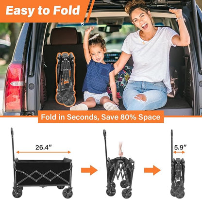 Wagons Carts Foldable, Collapsible Wagon with Wheels — Durable Folding Utility Pull Wagon Cart for Groceries, Picnic & Pets, Park Trips & Small Hauls, 280 lbs Heavy Duty Capacity,Graphite Black