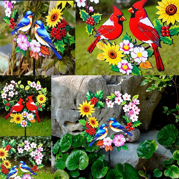 Decorative Garden Stakes Metal Red Cardinal - Heart Shaped Pair of Red Birds with Flowers 24 Inch Colorful Yard Decor, Outdoor Lawn Ornament(Cardinal Couple)