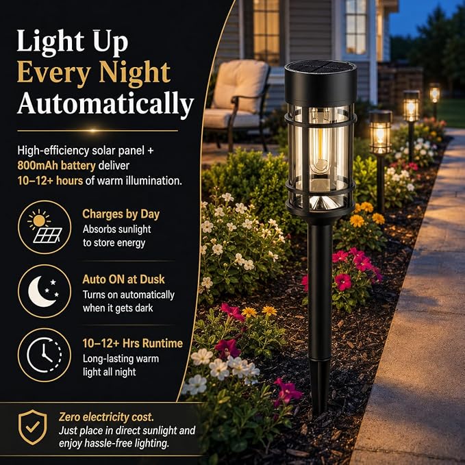 ILANCK 12 Pack Solar Lights Outdoor Parhway, Metal & Glass Large Solar Pathway Lights, Solar Powered Garden Lights for Yard, Landscape, Driveway Walkway