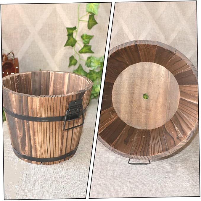 3 Pcs Wooden Bucket Flower Pot Retro Barrel Planter for Succulents Garden Decor for Patio Lawn Balcony Courtyard Solid Color Rustic Wooden Flower Pots