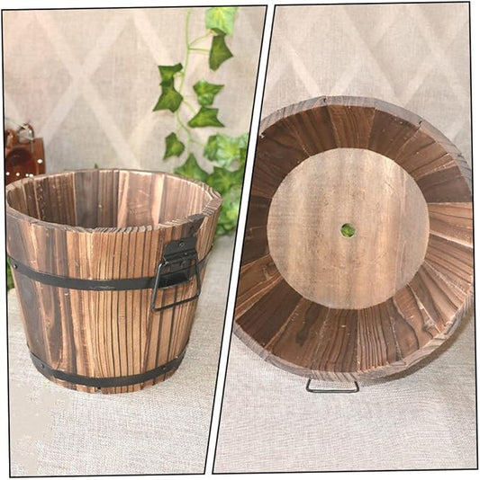 3 Pcs Wooden Bucket Flower Pot Retro Barrel Planter for Succulents Garden Decor for Patio Lawn Balcony Courtyard Solid Color Rustic Wooden Flower Pots