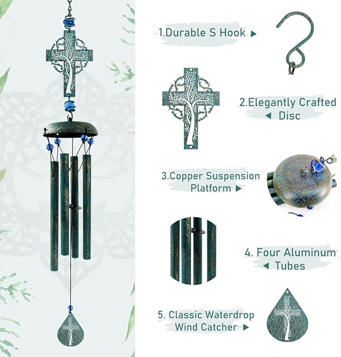 Cross Wind Chimes for Outside, Metal Hanging Wind Chimes, Zen Windchime with Calming Sound for Yard, Balcony, Yoga Room