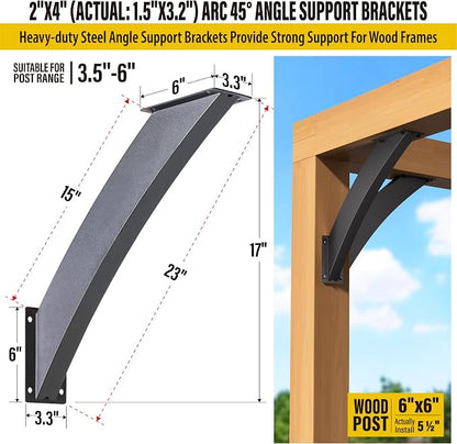 AECXM Heavy Duty 2''x4'' (Actual: 1.5''x3.2'') Arc 45° Angle Support Brackets, for gazebos, Decks, porches, Log Cabins and Other Wood Frame Degree Angle Pergola (8-Bracket)