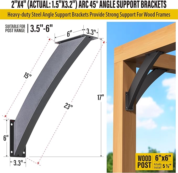 AECXM Heavy Duty 2''x4'' (Actual: 1.5''x3.2'') Arc 45° Angle Support Brackets, for gazebos, Decks, porches, Log Cabins and Other Wood Frame Degree Angle Pergola (4-Bracket)