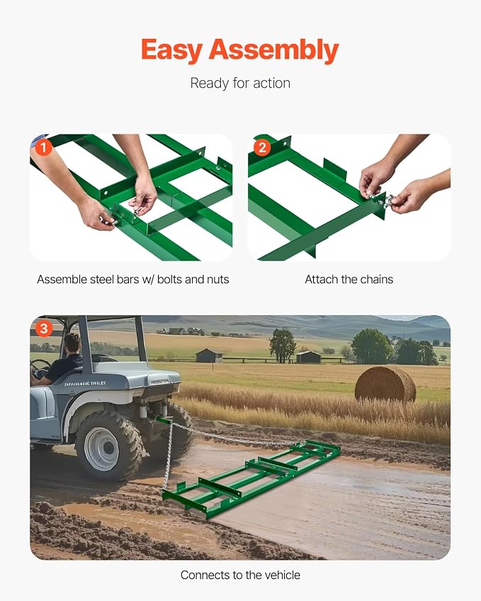 VEVOR Drag Harrow, 8 ft Heavy Duty Tow Behind Drag Harrow with Adjustable Bars & 72 in Chain, Driveway Grader Landscape Rake for ATV, UTV, Tractor, Mower Tow Behind Yard Lawn Leveling Tool