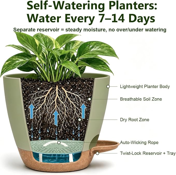 Plant Pots for Indoor 9/8/7/6.5/6/5 Inch, Self Watering Planter Pots with Drainage Holes and Saucers, 6Pcs Plastic Flower Pots for Indoor & Outdoor Plants（Green）