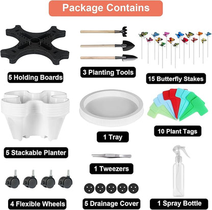 GameXcel Vertical Planter, 5 Tier Stackable Strawberry Planter with Garden Tool Set, Movable Indoor/Outdoor Garden Herb Pot for Growing Vegetables and Succulents, White