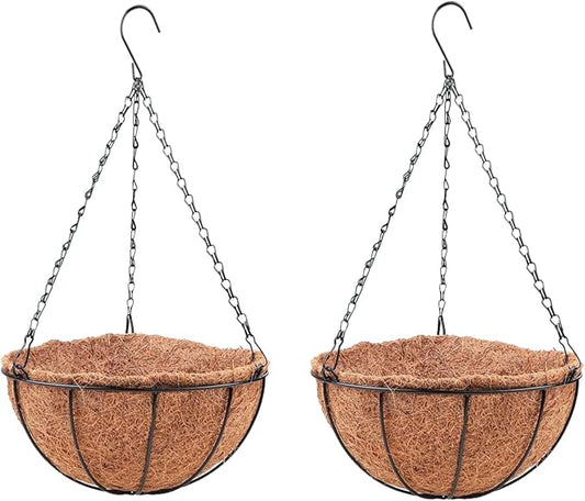 LaLaGreen Hanging Baskets for Plant Outdoor (2 Pack, 16 Inch) Extra Large Black Metal Wire Hanging Planter with Coco Liner Round Flower Pot Holder Hanger Deck Porch Modern Garden Balcony Country Decor