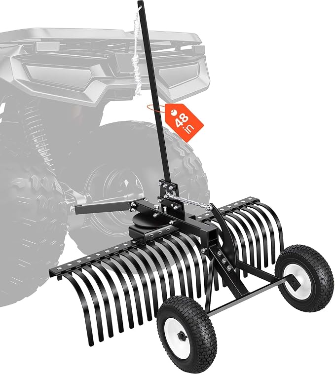 VEVOR 48in Tow Behind Landscape Rake, Pull Behind Lawn Rock Rakes for ATV Mower Tractors, 24 Durable Steel Tines, Adjustable Height & Angle, Heavy Duty Dethatcher Rake for Leaves Debris