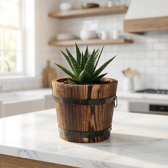 DOITOOL Rustic Wooden Barrel Planter: Wood Whiskey Barrel Bucket Flower Pots Indoor Outdoor Plants Boxes Container for Home Garden Patio Backyard - 7.08 x 5.9 x 5.1 inches (Small)