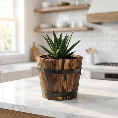 DOITOOL Rustic Wooden Barrel Planter: Wood Whiskey Barrel Bucket Flower Pots Indoor Outdoor Plants Boxes Container for Home Garden Patio Backyard - 7.08 x 5.9 x 5.1 inches (Small)