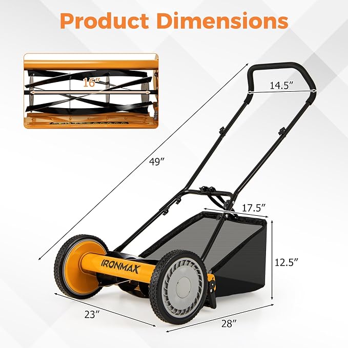 IRONMAX Lawn Mower, 16 Inch Push Reel Lawn Mower with 5 Steel Blades, Adjustable Cutting Heights, Grass Catcher Bag, Walk-Behind Manual Lawnmower for Garden Park Yard, No Motor (Orange, 16 Inch)