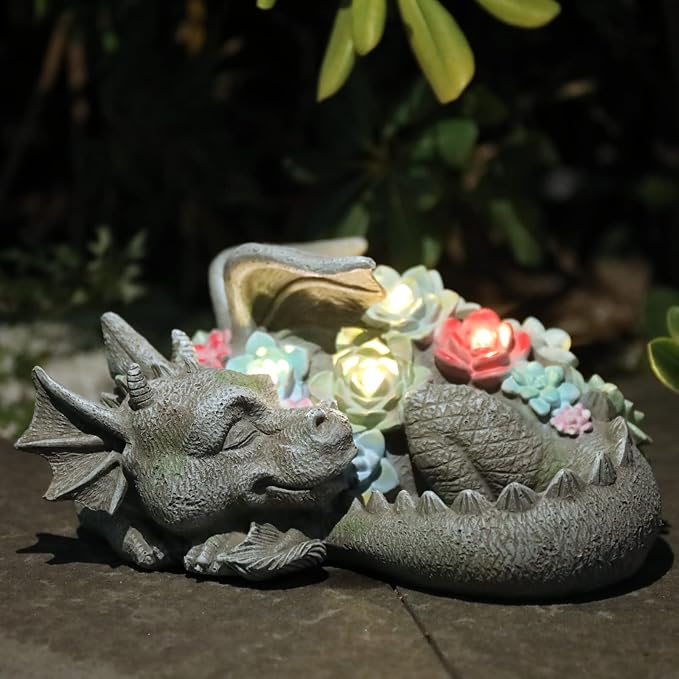 Garden Dragon Statue Outdoor Decor, Coiled Sleeping Dragon Figurine with Solar Light Succulent, Waterproof Resin Garden Sculpture for Outside Lawn Patio Yard Ornament