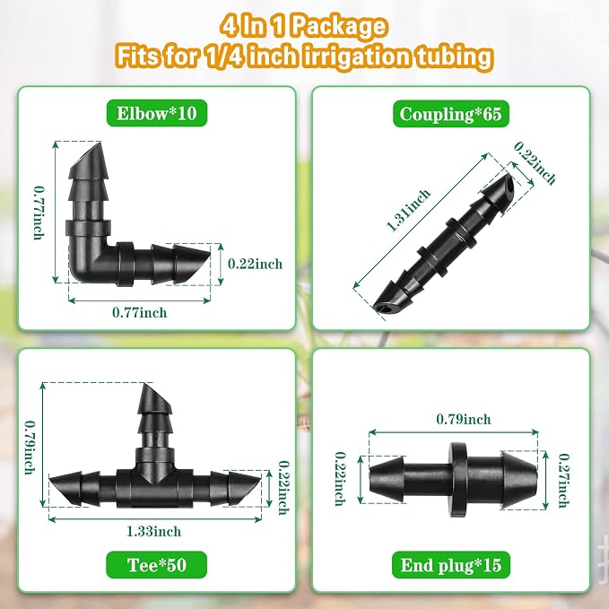 Gardrip 1/4 Inch Drip Irrigation Fittings Kit：140 Pieces Drip Irrigation Parts with Sharp End for 1/4" Irrigation Tubing Barbed Connectors for Home Garden 65 Couplings 50 Tees 10 Elbows 15 Goof Plugs
