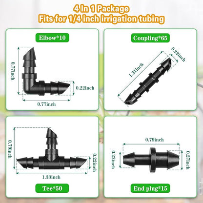 Gardrip 1/4 Inch Drip Irrigation Fittings Kit：140 Pieces Drip Irrigation Parts with Sharp End for 1/4" Irrigation Tubing Barbed Connectors for Home Garden 65 Couplings 50 Tees 10 Elbows 15 Goof Plugs