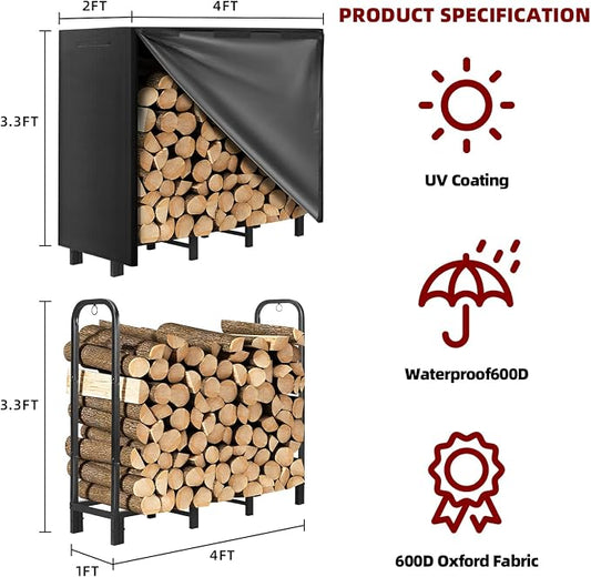 DNKMOR 4FT Firewood Rack with Waterproof Cover,Heavy Duty Firewood Storage Log Holider for Outdoor&Indoor,Fireplace Wood Rack with 600D Oxford Fabric