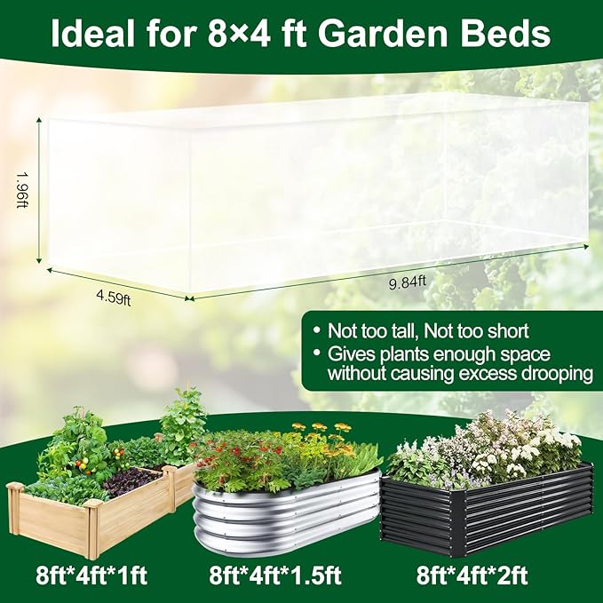 2 Pack Garden Netting for 8x4FT Raised Beds, Ultra-Fine Mesh Plant Covers with Drawstring, Bird, Pest & Small Animal Barrier for Vegetables, Fruits & Flowers