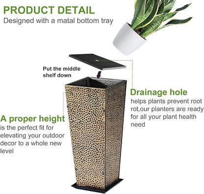 BAYN 2-Pack 24" Tall Metal Planter – Hand-Hammered Textured Large Copper Flower Pots Box with Saucer for Outdoor&Indoor, Garden, Porch, Patio, Yard with Pre-Drilled Drainage Holes