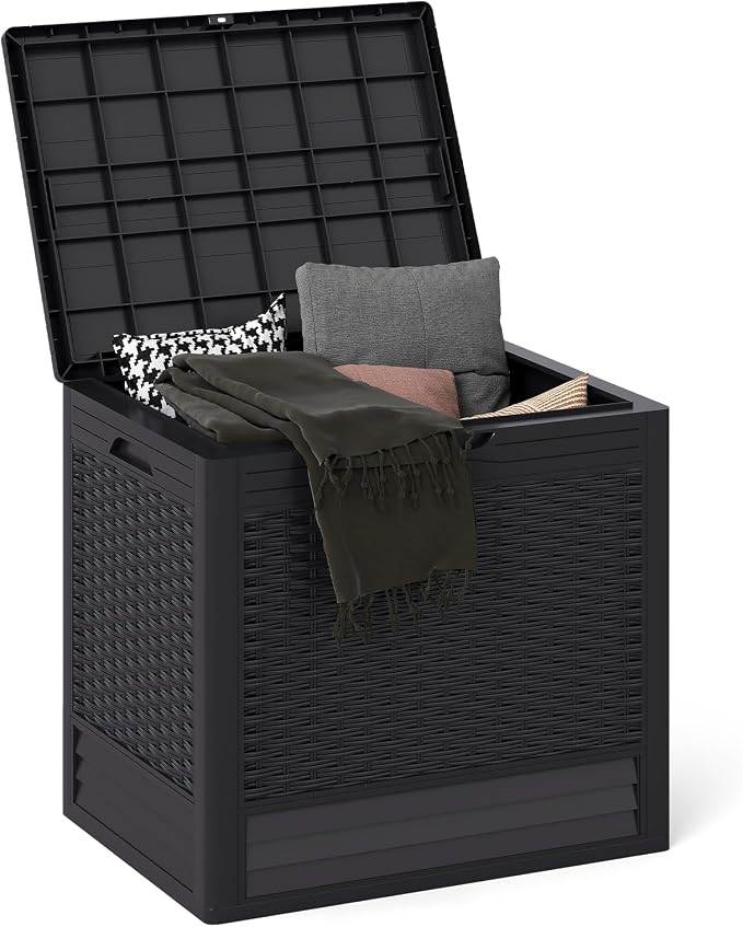 Tangkula 25 Gallon Waterproof Outdoor Storage Box with Lockable Lid | PP Resin, Wicker Patterned, Indoor Outdoor Use, Portable, Versatility, for Deck, Pool, Patio Cushions, Garden Tools