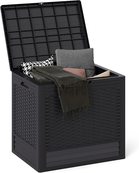 Tangkula 25 Gallon Waterproof Outdoor Storage Box with Lockable Lid | PP Resin, Wicker Patterned, Indoor Outdoor Use, Portable, Versatility, for Deck, Pool, Patio Cushions, Garden Tools