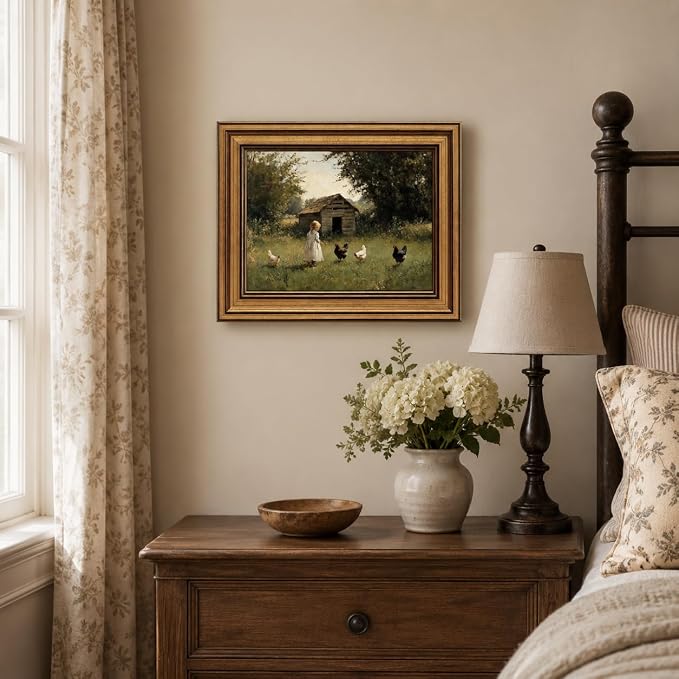Devunaty Gold Framed Country Canvas Wall Art, Vintage Farm Girl with Chickens Poster Print, Rustic Landscape Painting Picture, Pastoral Farmhouse Artwork Wall Decor for Bedroom Nursery Bathroom 9x11in