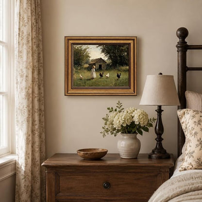 Devunaty Gold Framed Country Canvas Wall Art, Vintage Farm Girl with Chickens Poster Print, Rustic Landscape Painting Picture, Pastoral Farmhouse Artwork Wall Decor for Bedroom Nursery Bathroom 9x11in